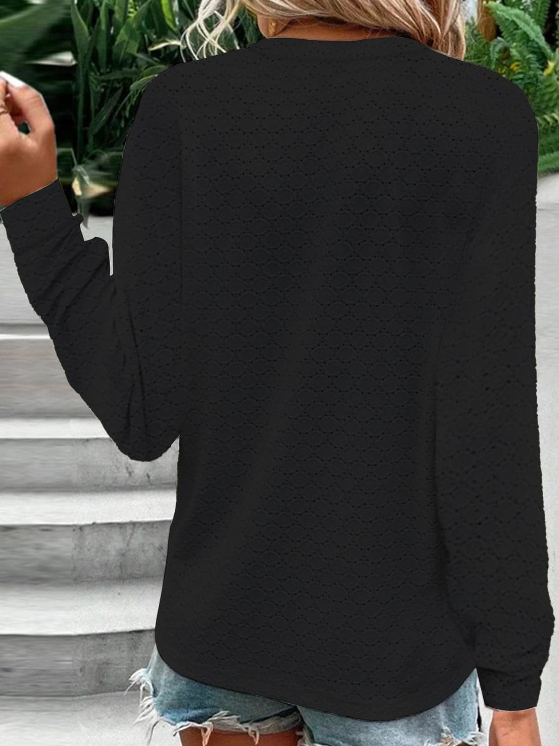 Eyelet Notched Long Sleeve T-Shirt.