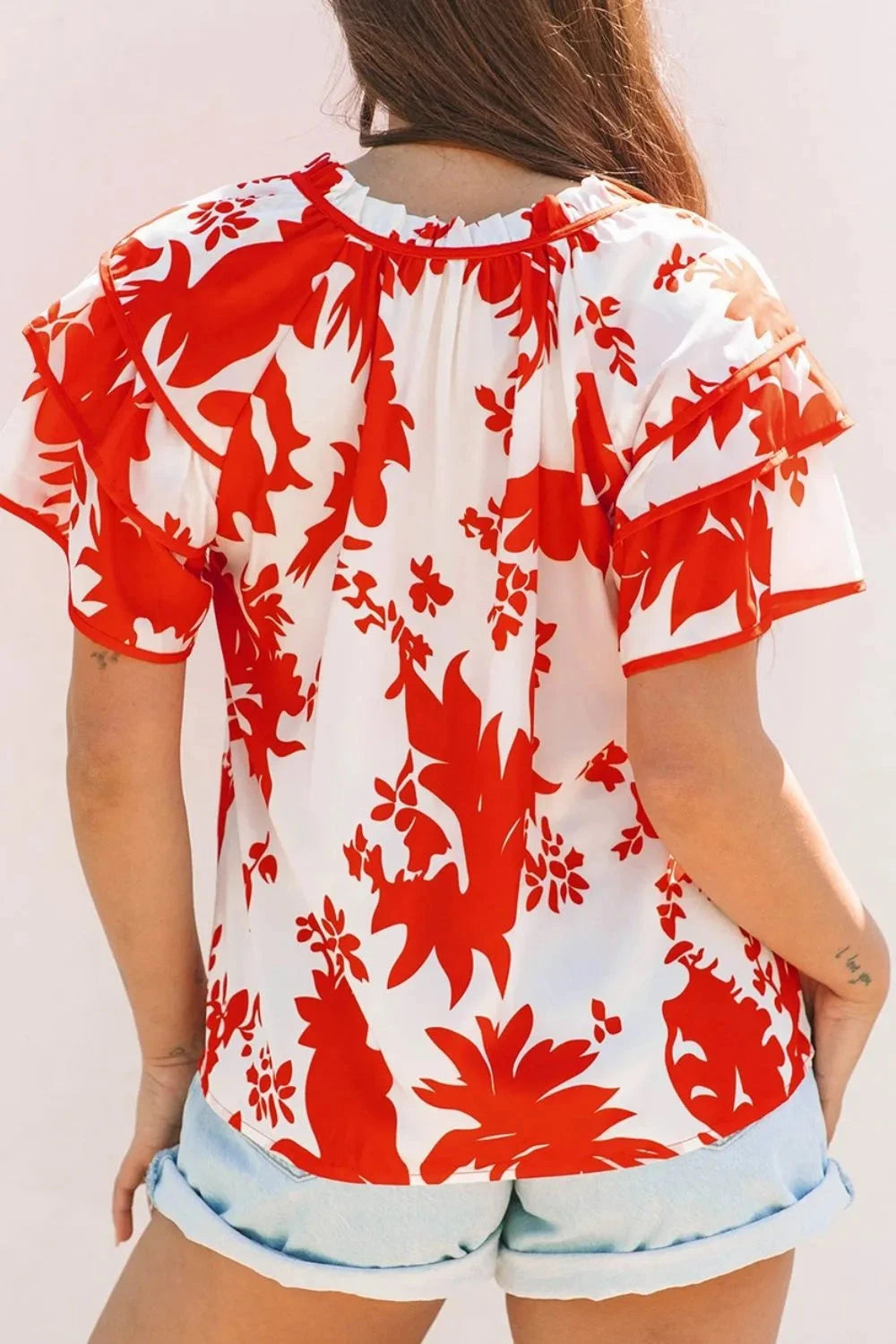 Plant Print Tiered Ruffled Sleeve Tie Neck Blouse Simply Love