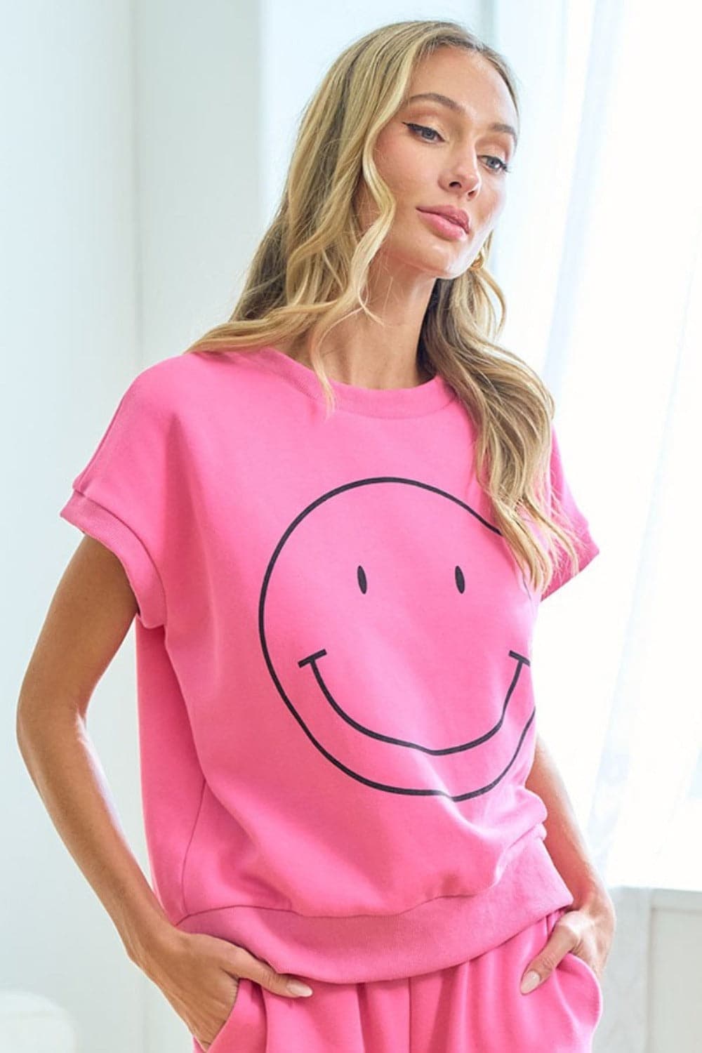 First Love Smile Face Drop Shoulder Brushed Inside T-Shirt.