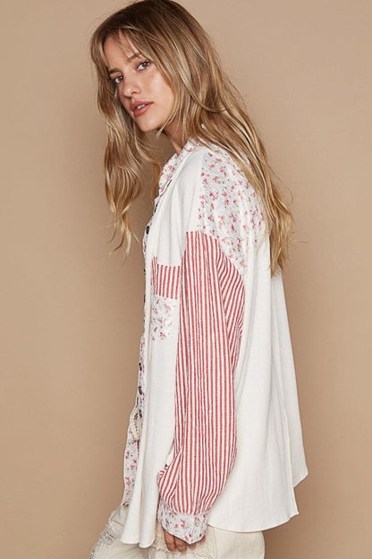 POL Long Sleeve Embroidered Print Patch Pocket Shirt.