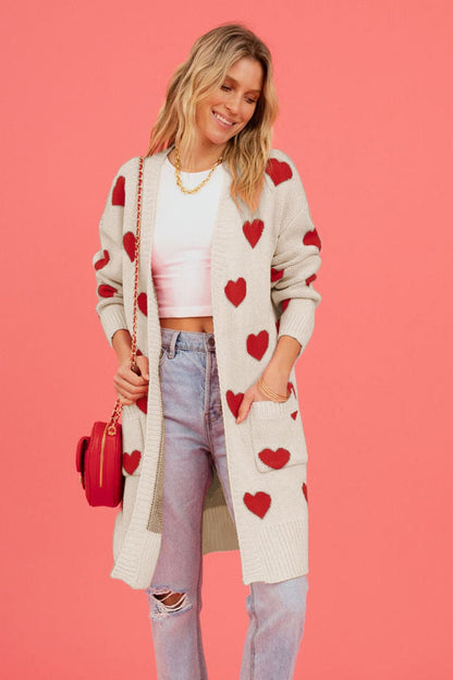 Heart Graphic Open Front Cardigan with Pockets.