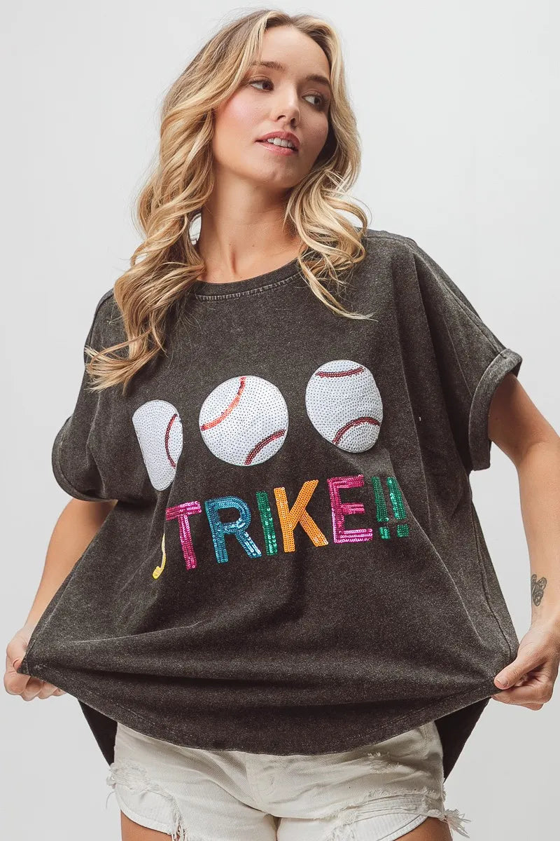 BiBi Sequin Baseballs Strike Washed Short Sleeve Top - Love Salve 