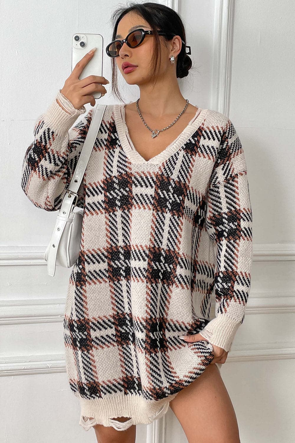 Plaid V-Neck Long Sleeve Sweater Dress.