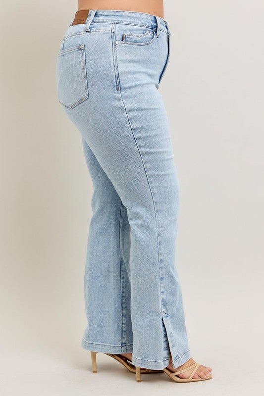 Judy Blue Full Size Tummy Control Vintage Wash Side Slit Slim Boot Jeans Plus Size Coco’s Tee Boutique