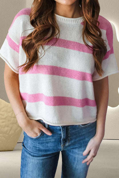 Striped Round Neck Short Sleeve Knit Top.