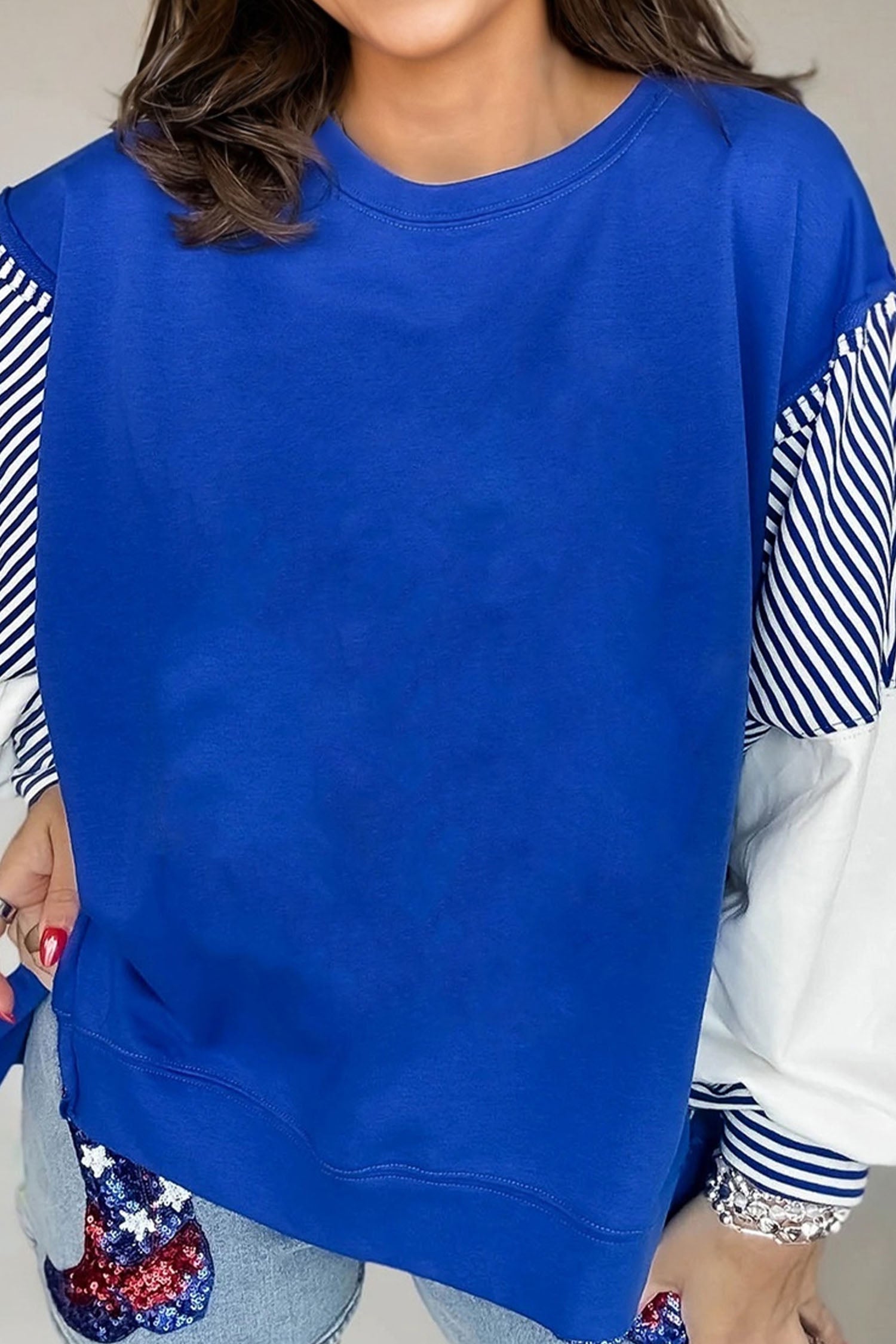 Dark Blue Striped Patchwork Sleeve Colorblock Sweatshirt Dear-Lover Dropshipping