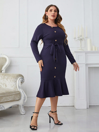 Melo Apparel Plus Size Buttoned Round Neck Tie Belt Midi Dress.