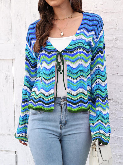 Striped Openwork Tied Cardigan.