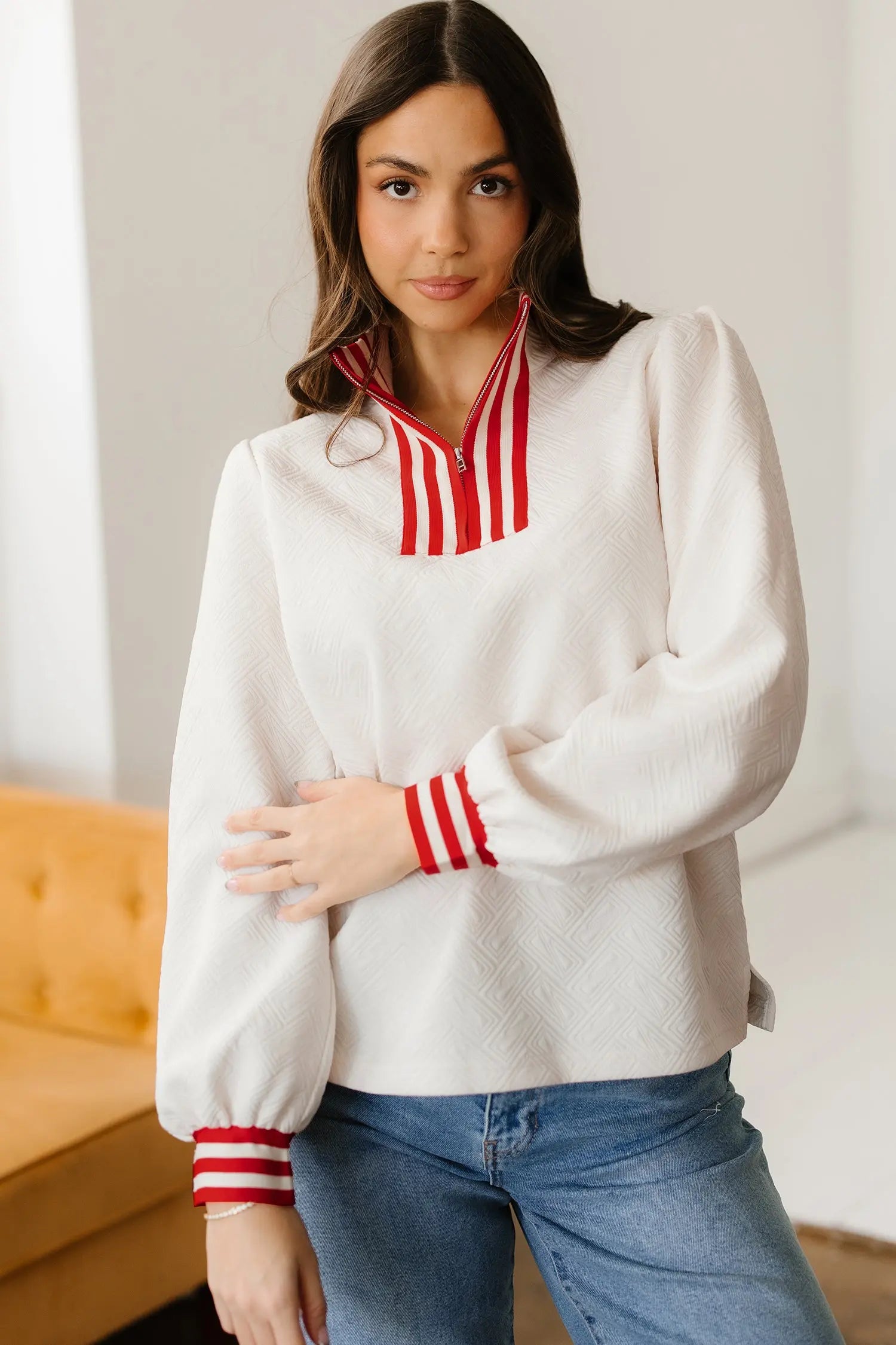 White Textured Knit Zipped Collar Pullover With Striped Contrast Accent Dear-Lover Dropshipping