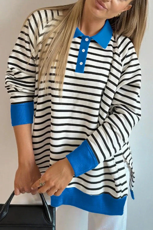 Striped Polo Collar Long Sleeve Sweatshirt With Buttoned Slit Simply Love