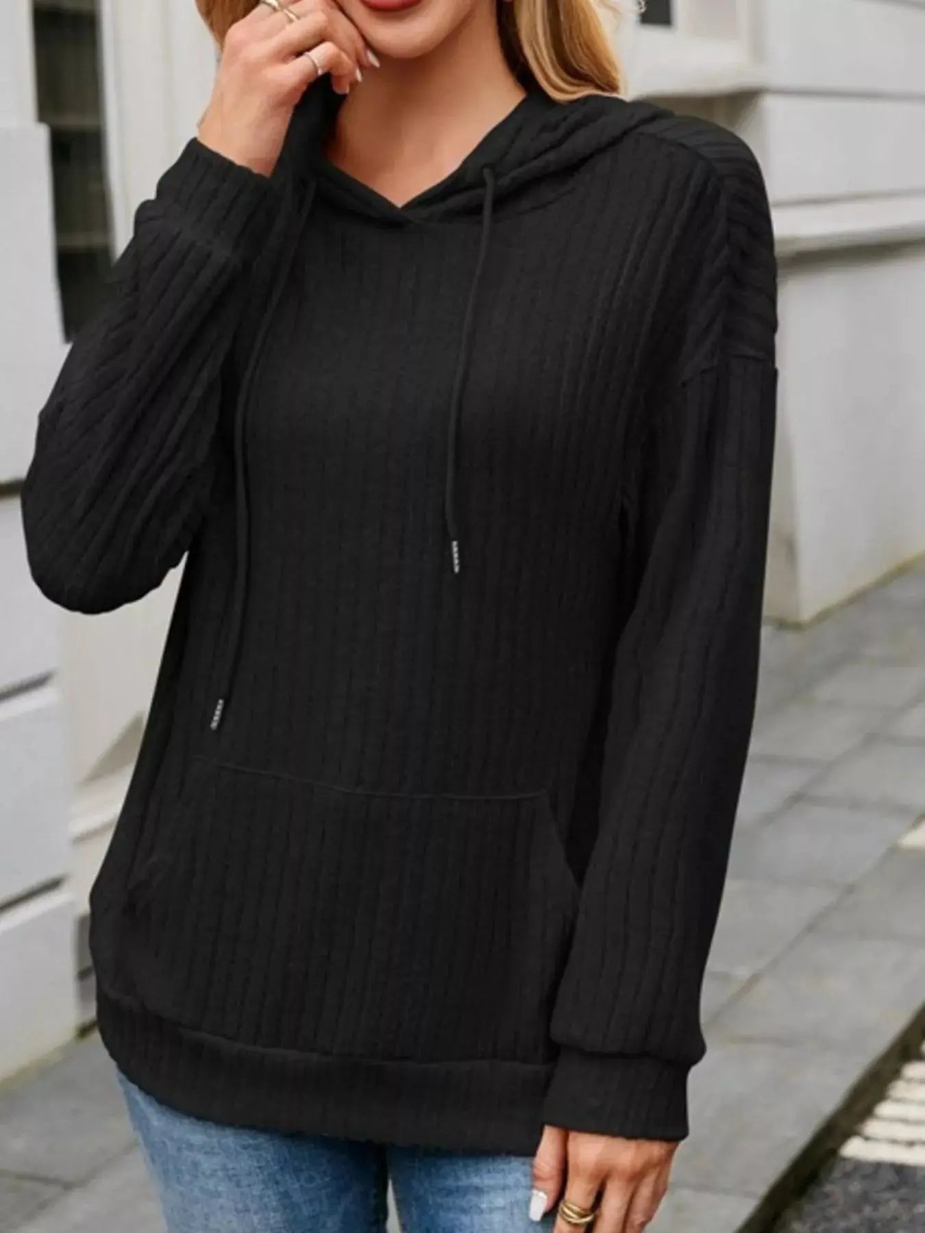 Casual Drawstring Ribbed Knit Hoodie Simply Love