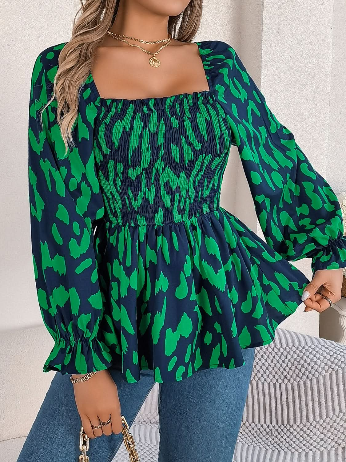 Ruffled square neck blouse with flounce sleeves