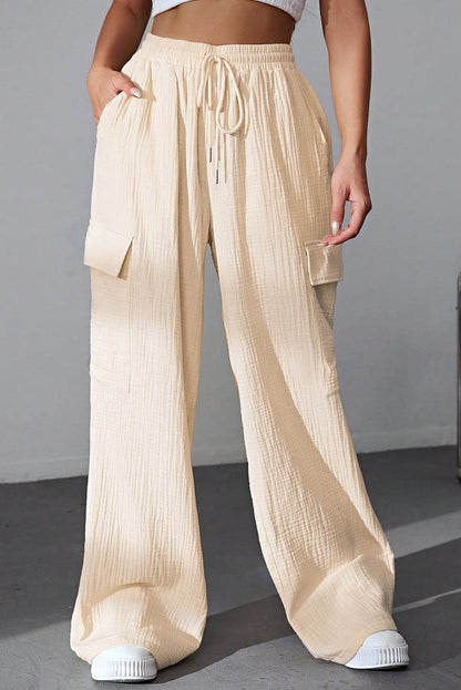 Drawstring Pocketed Wide Leg Pants.