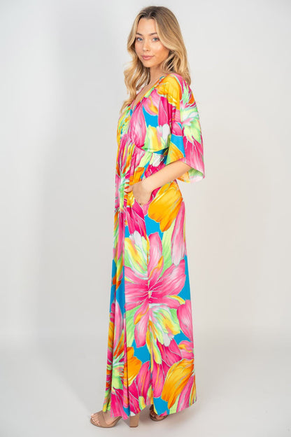 White Birch Printed V-Neck Maxi Dress with Pockets.