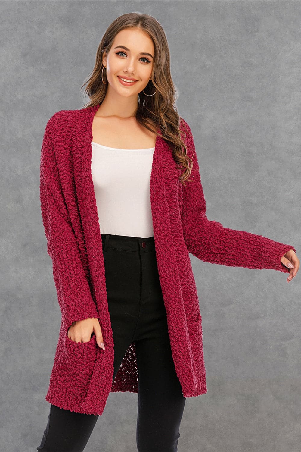 Pocketed Open Front Long Sleeve Cardigan.