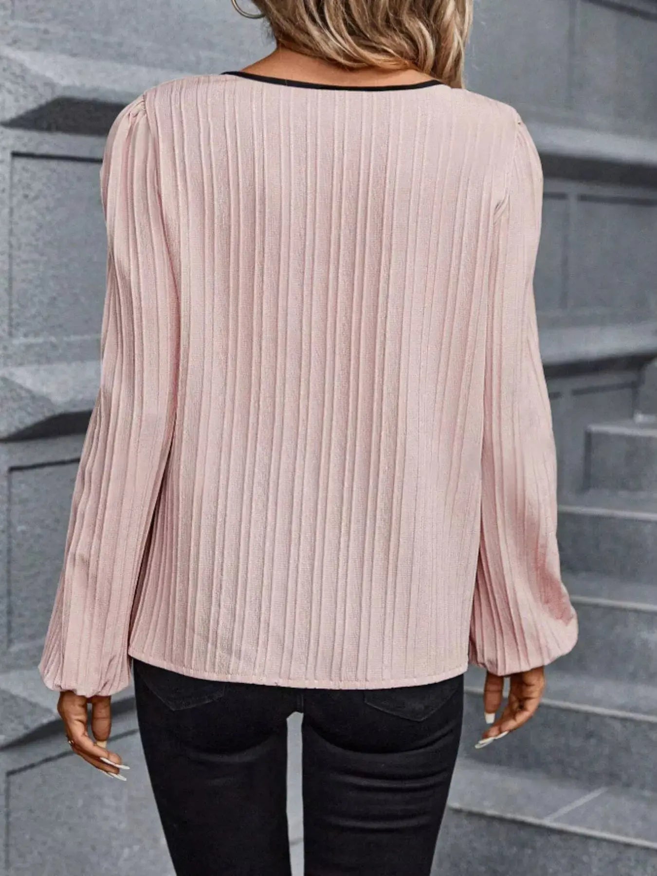 Contrast Notched Long Sleeve Blouse Simply Love