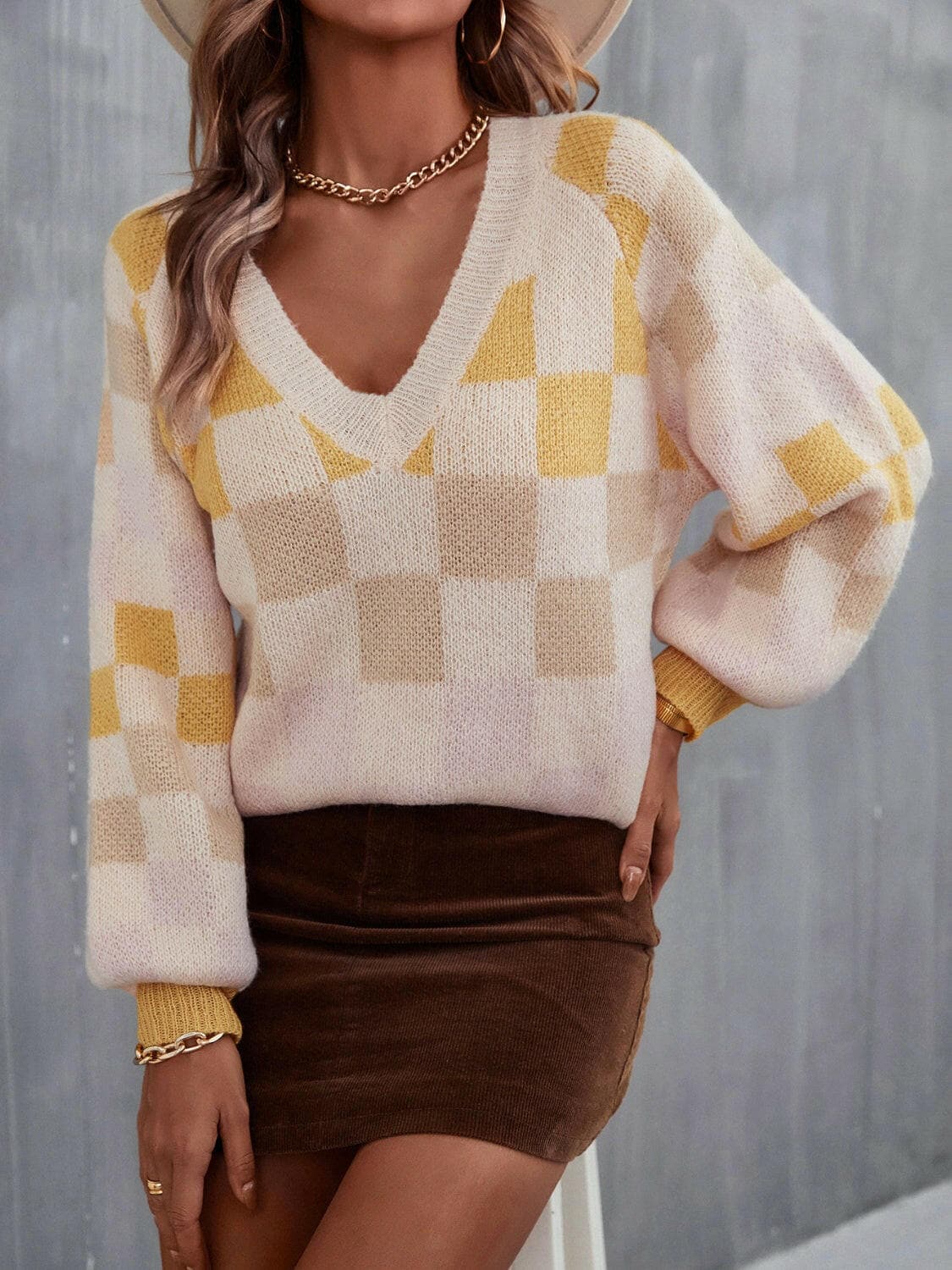 Checkered V-Neck Lantern Sleeve Sweater.