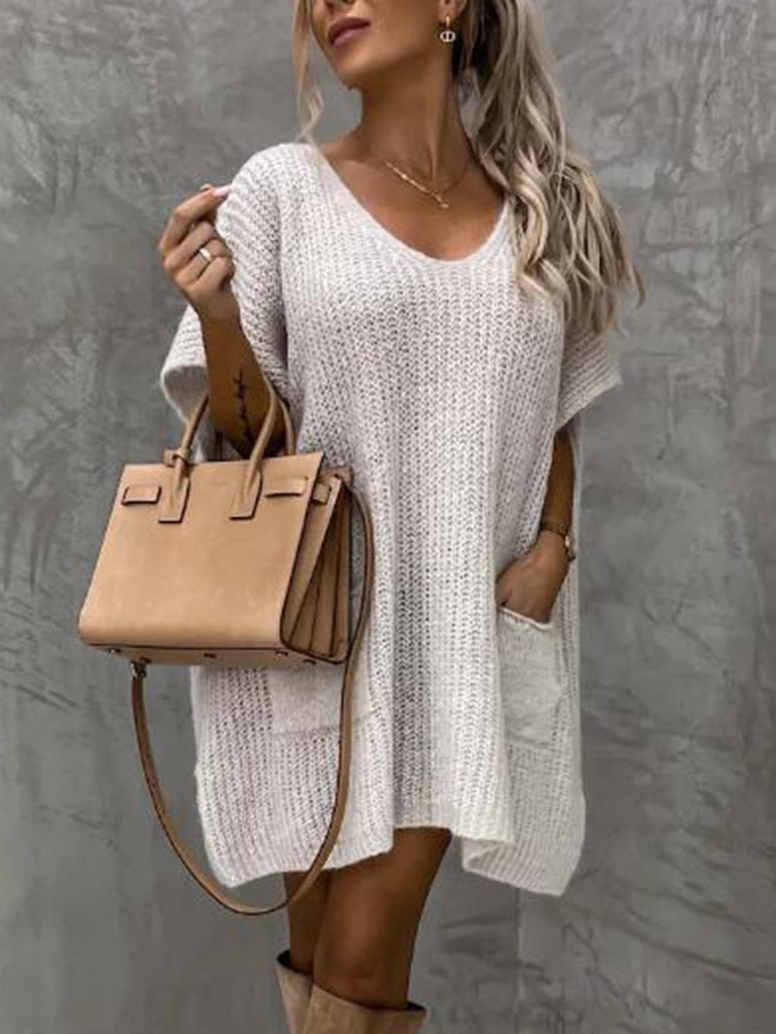 V-Neck Short Sleeve Sweater with Pockets.