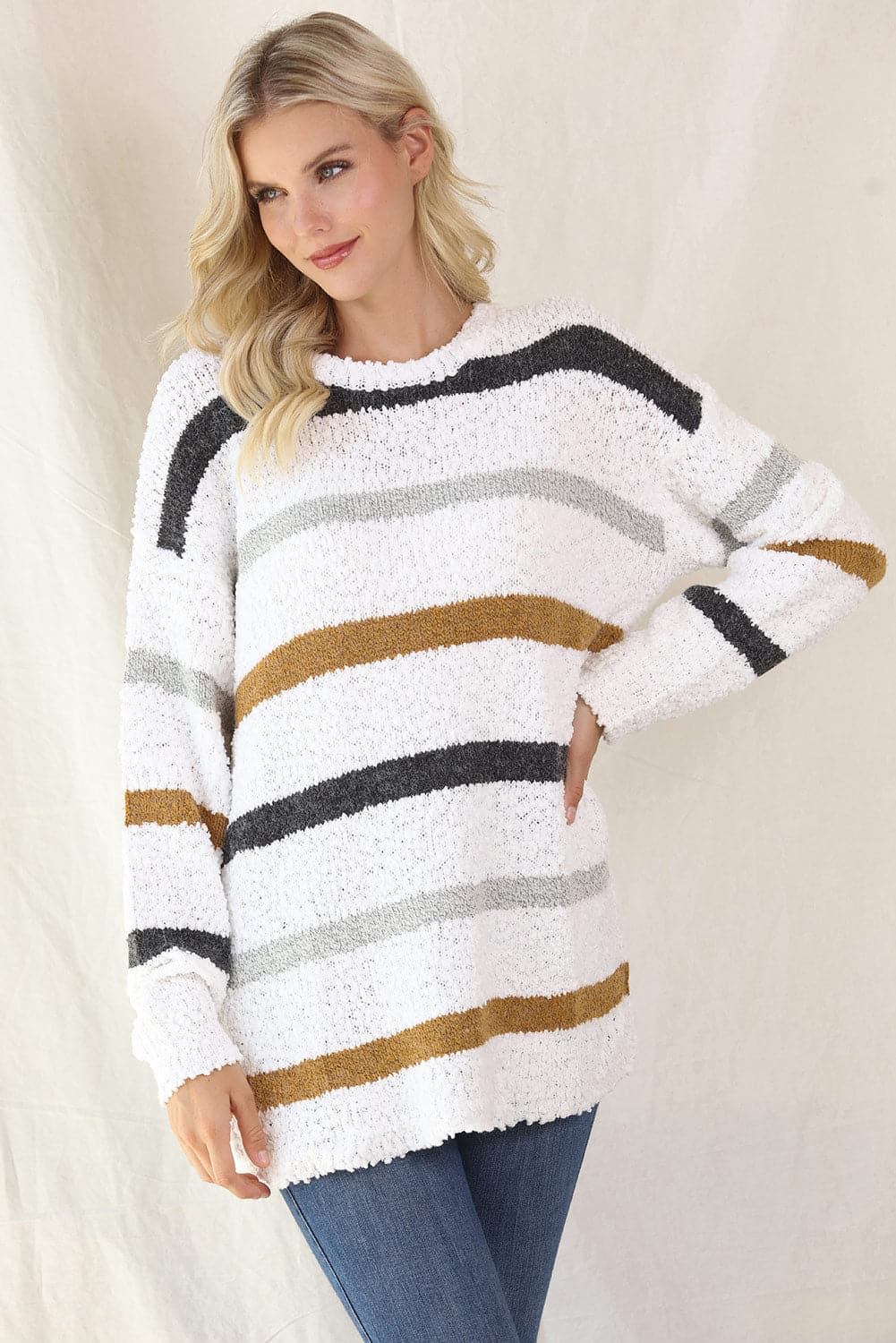 Striped Round Neck Long Sleeve Sweater.