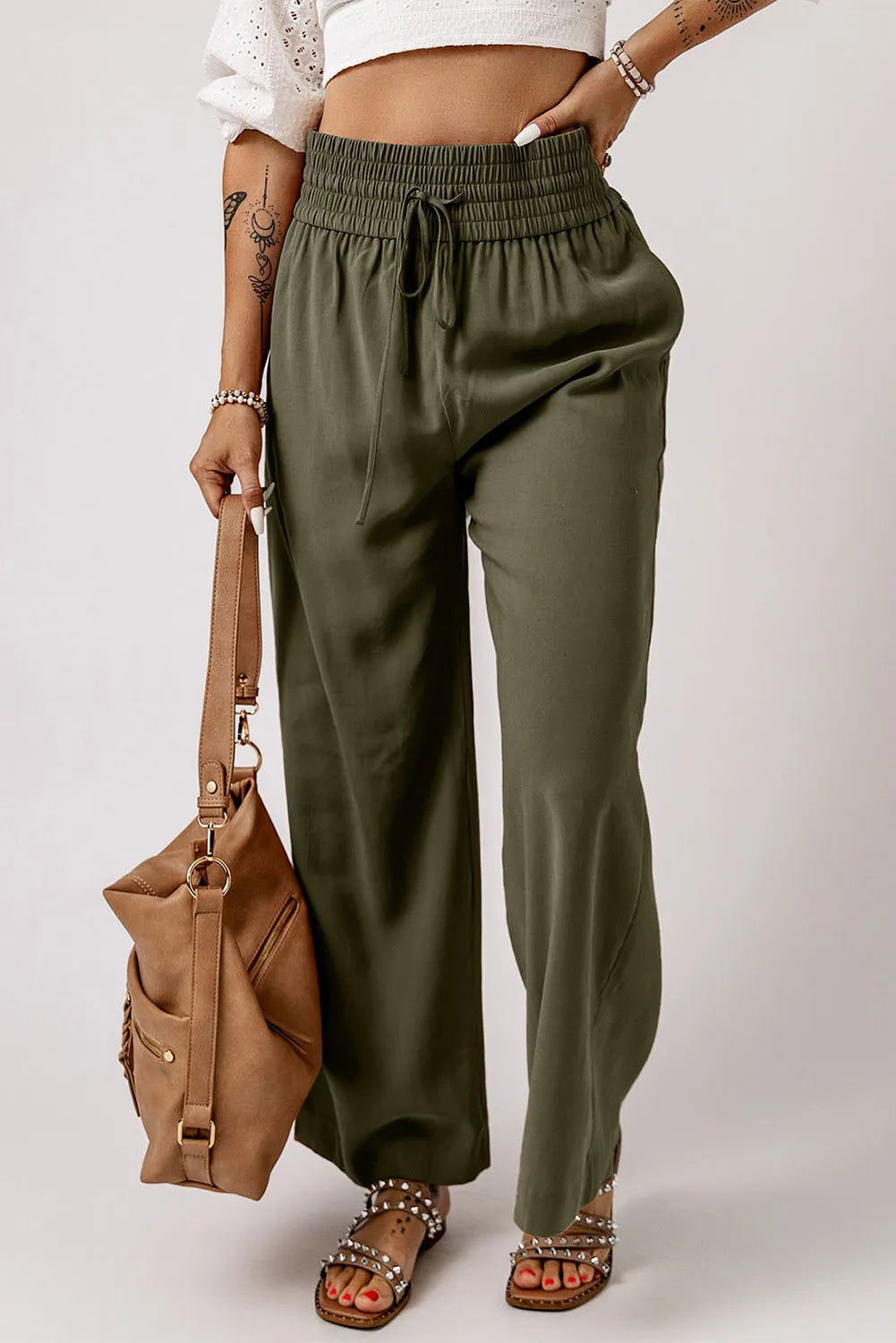 Smocked High Waist Wide Leg Pants.