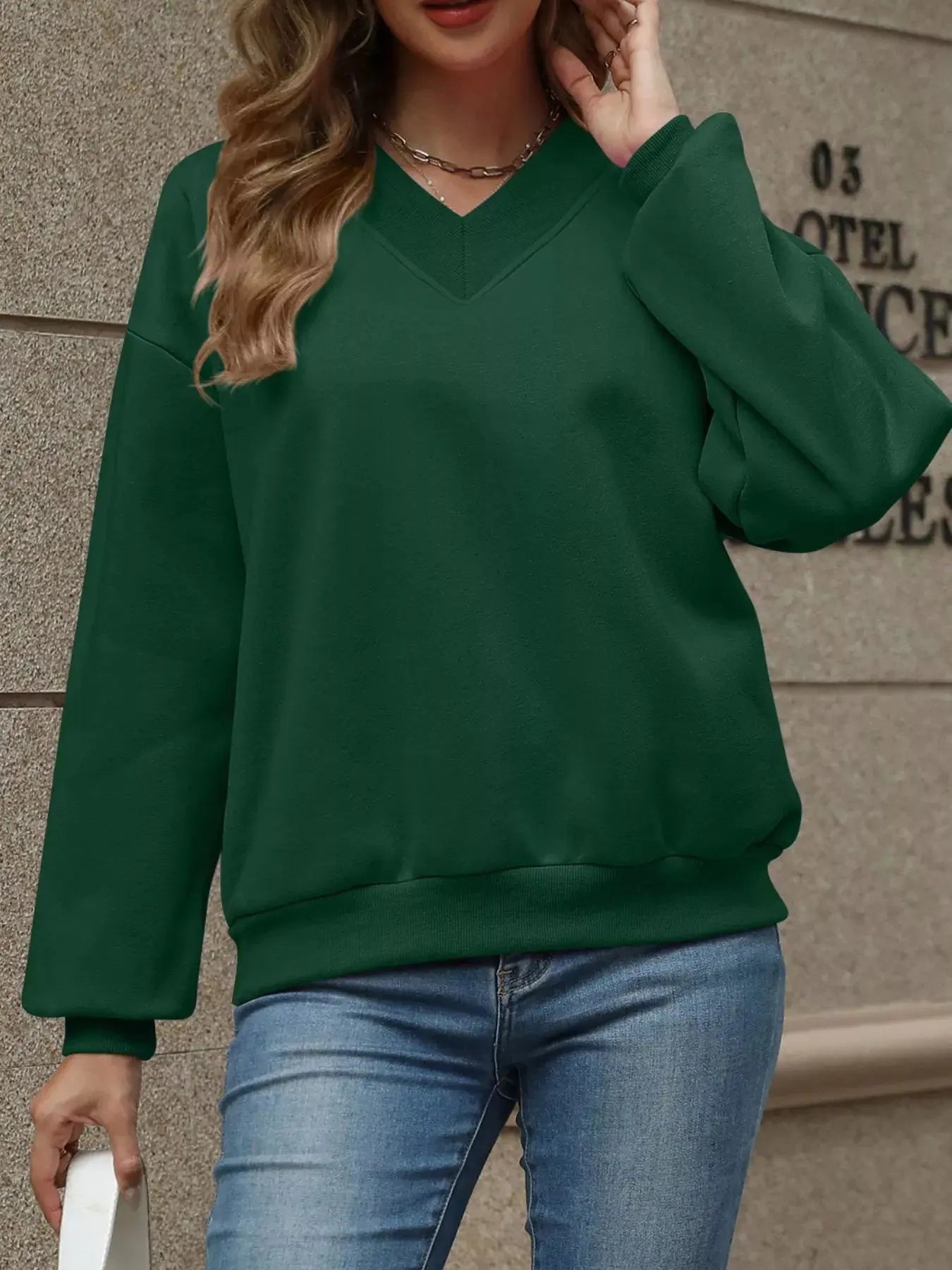 V-Neck Solid Color Casual Sweatshirt Simply Love