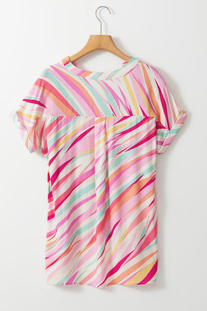 Vibrant Abstract Print High Low Blouse with Short Sleeves