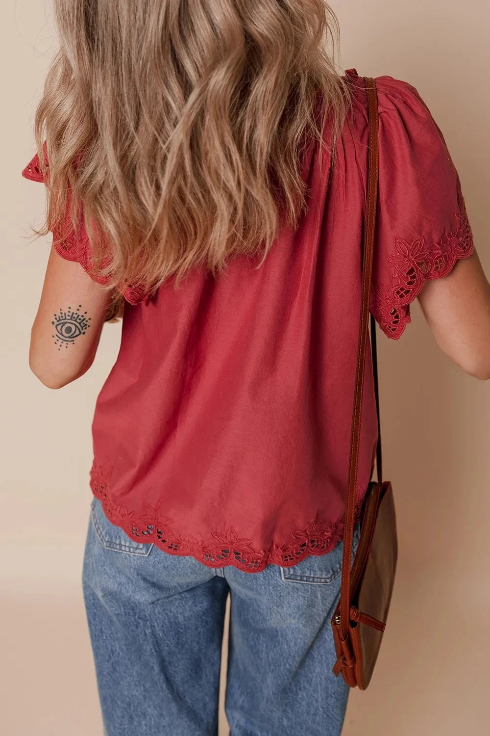 Floral Embroidered Scallop Trim Short Sleeve Notched Blouse Simply Love