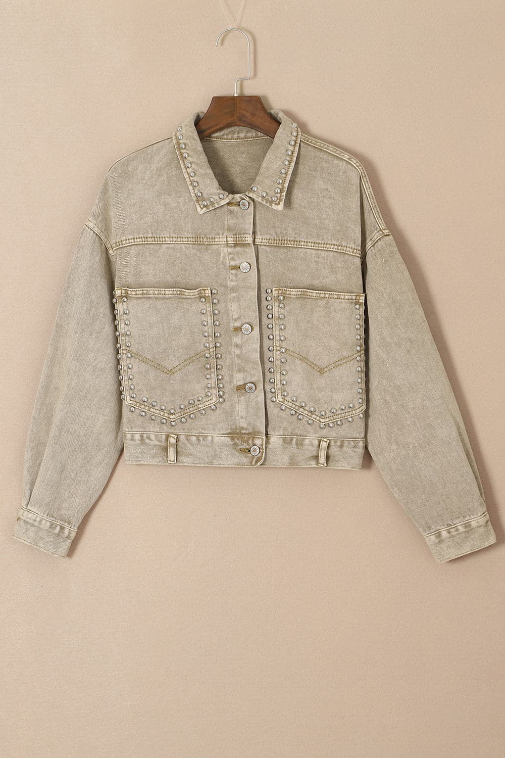 Studded Collared Neck Denim Jacket with Pockets.