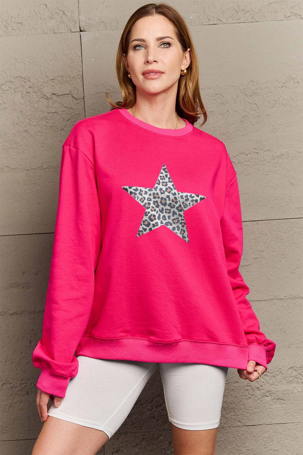 Simply Love Full Size Leopard Star Graphic Sweatshirt.