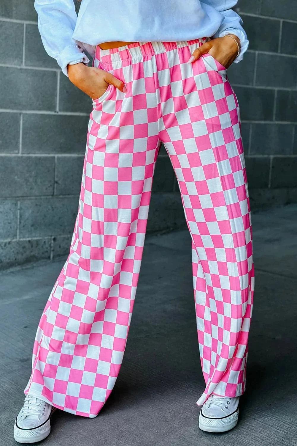 Checkered high-waisted wide leg trousers