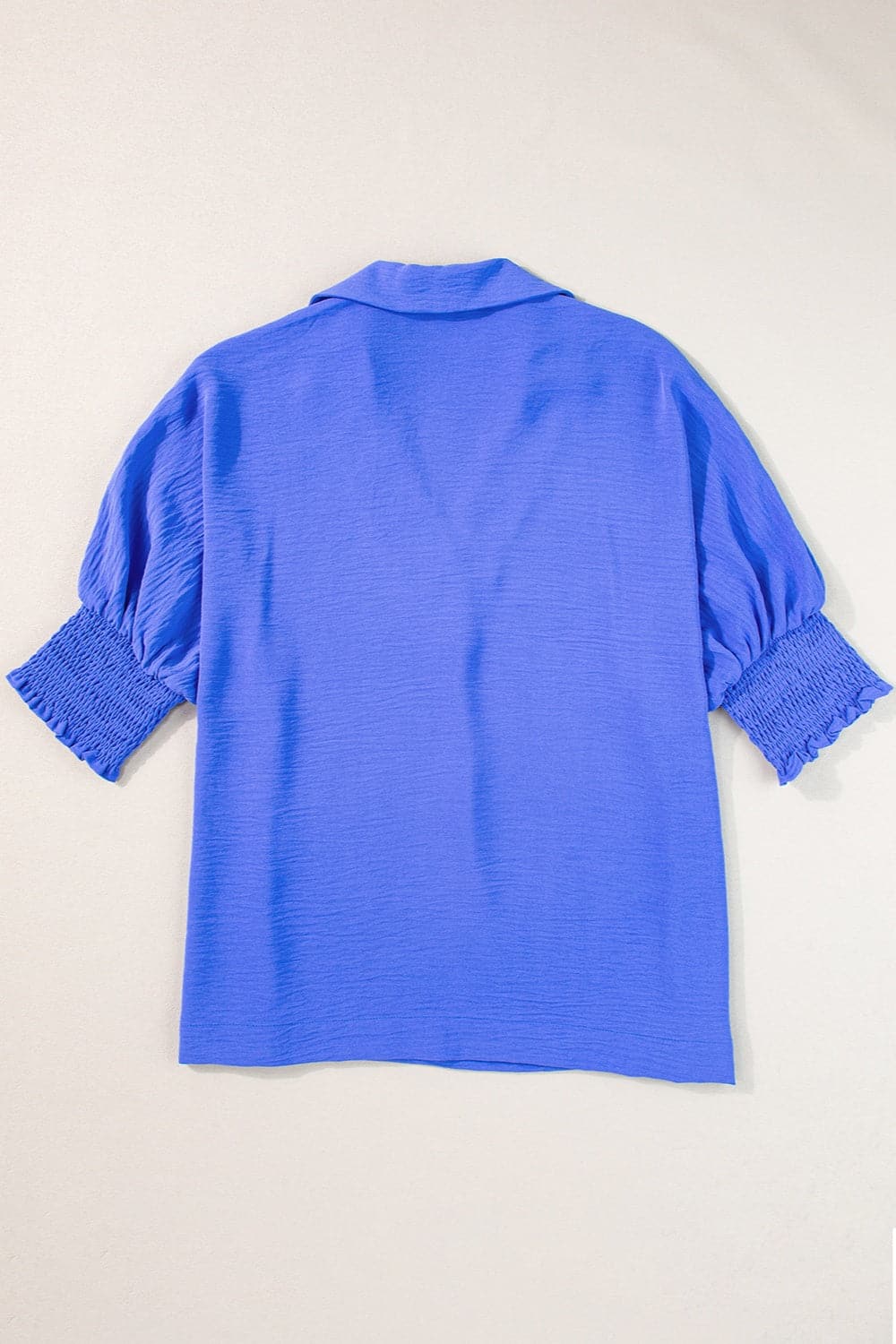 Smocked Johnny Collar Half Sleeve Blouse.