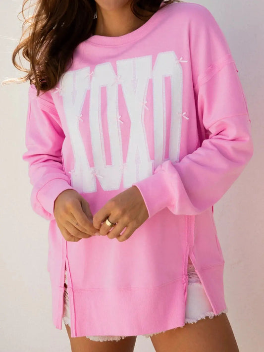 Sequin XOXO Letter Graphic Exposed Seam Baggy Sweatshirt Simply Love