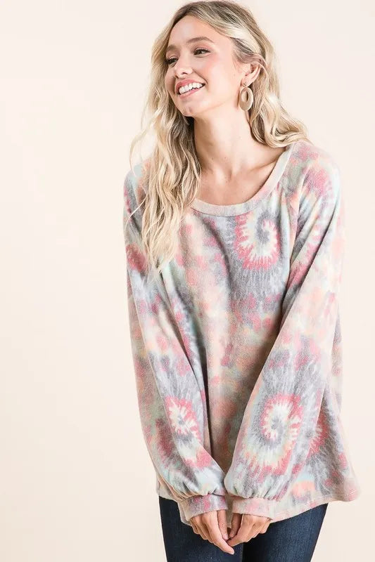 BiBi Brushed Tie Dye Print Top with Puff Sleeves - Love Salve 