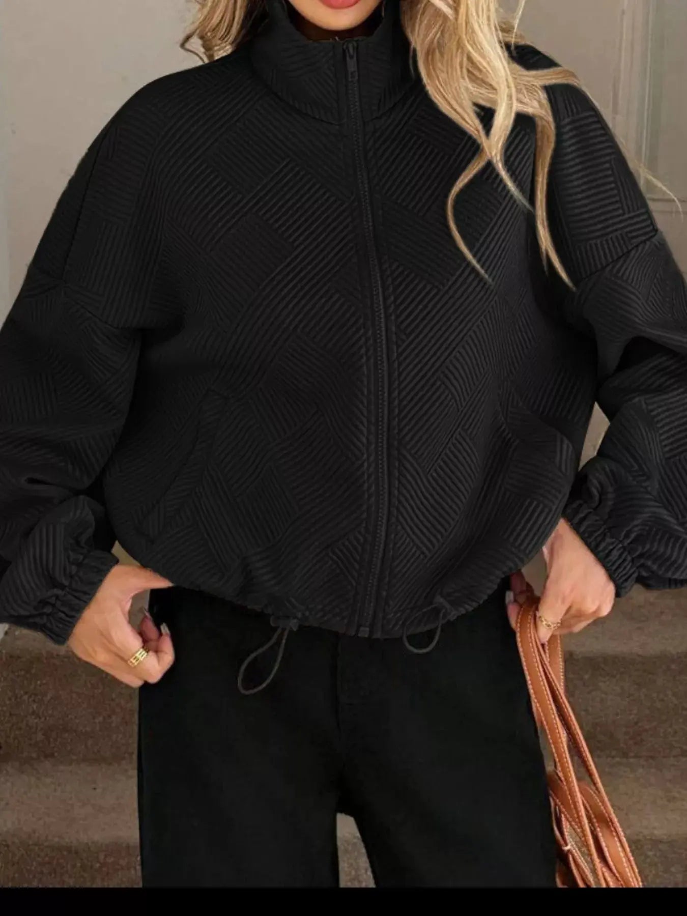 Textured Zip-Up Drawstring Hem Jacket Simply Love