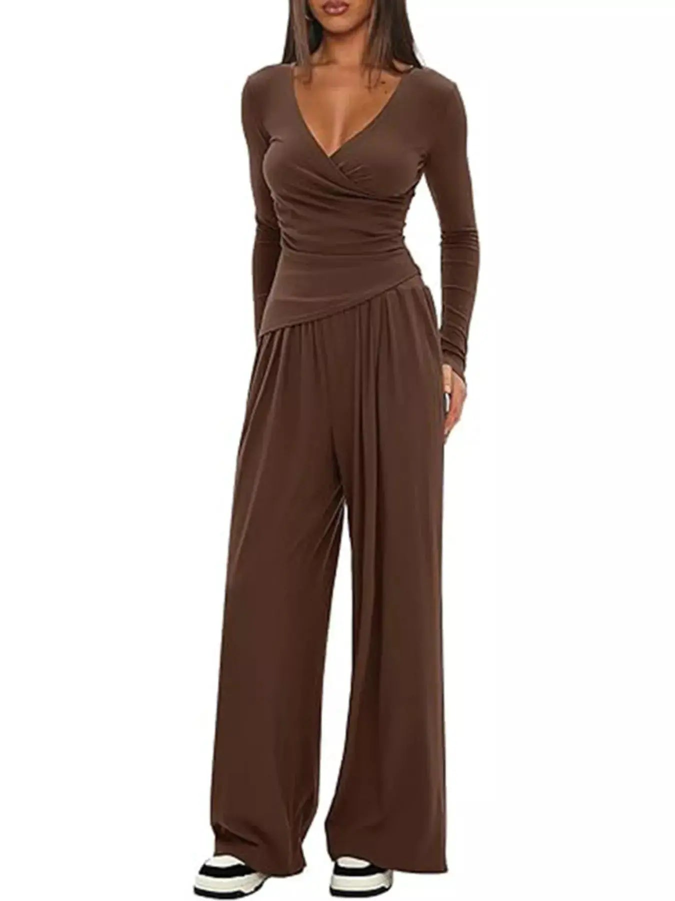 Casual Brown Long Sleeve Wrap Top And Wide Leg Pants Two-Piece Set Simply Love