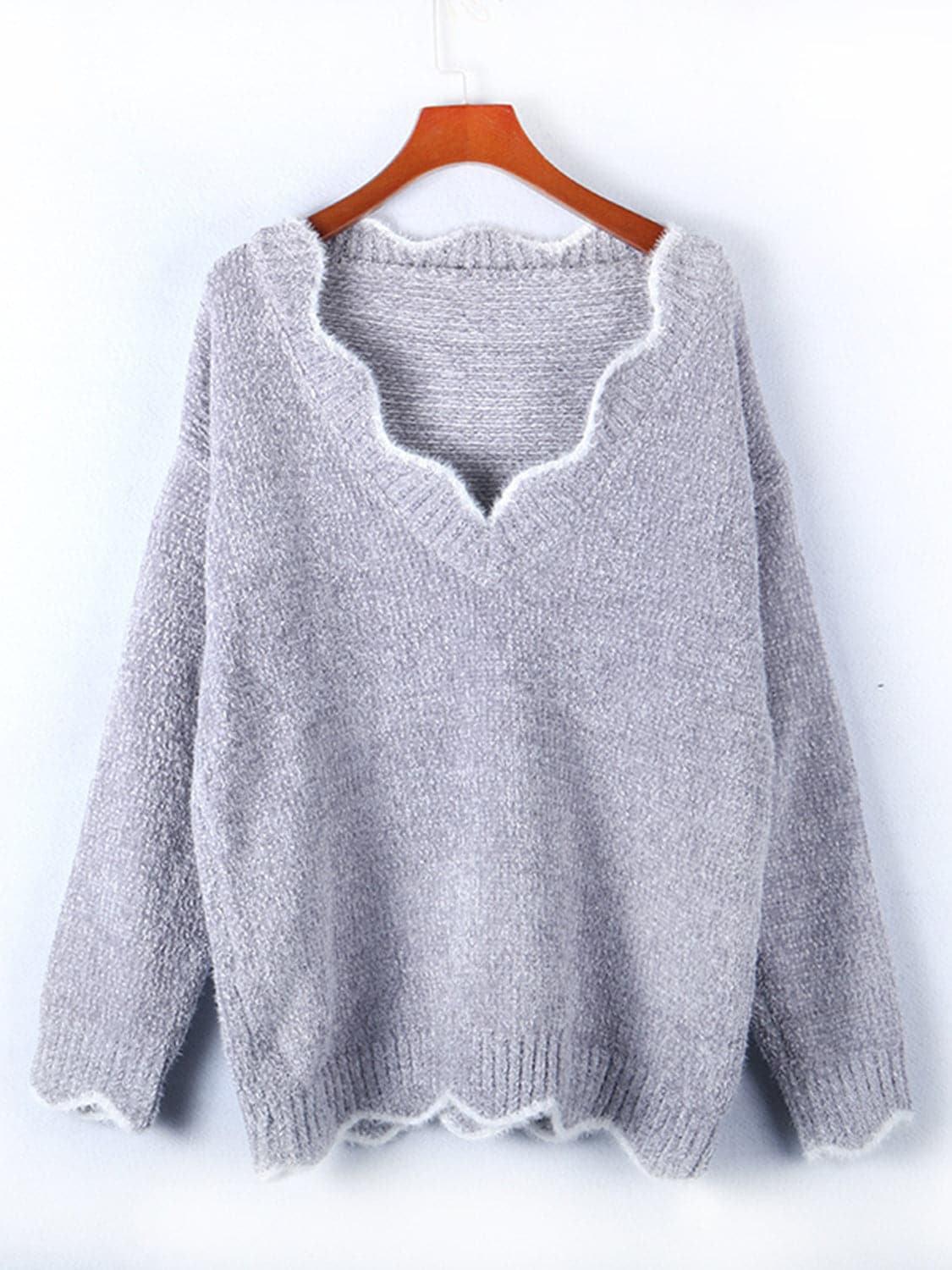 Notched Dropped Shoulder Long Sleeve Sweater.