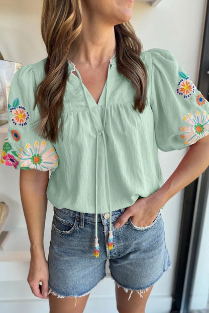 Embroidered Tie Neck Short Sleeve Blouse