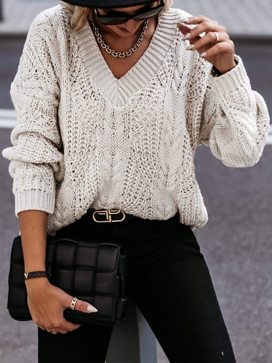 V-Neck Cable-Knit Long Sleeve Sweater.