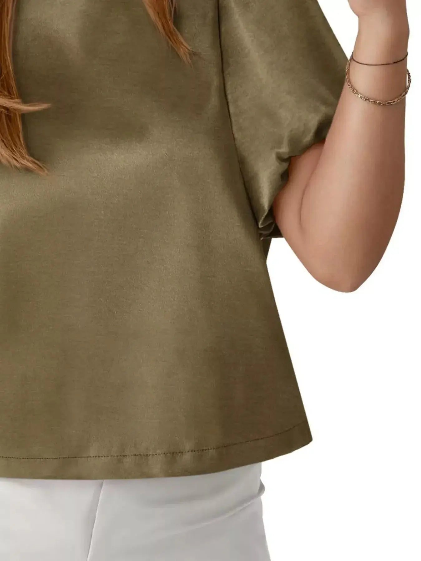 Round Neck Puff Sleeve Satin Top Simply Love