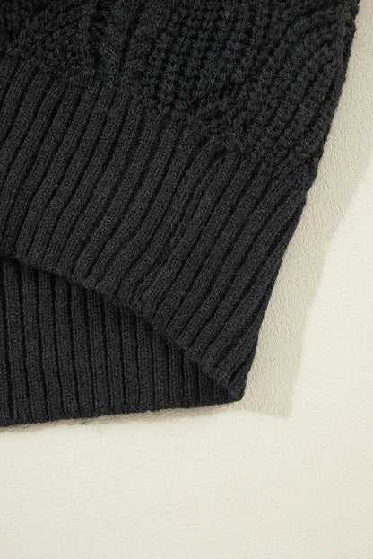 Chic black hollow knit V-neck sweater with drop shoulders