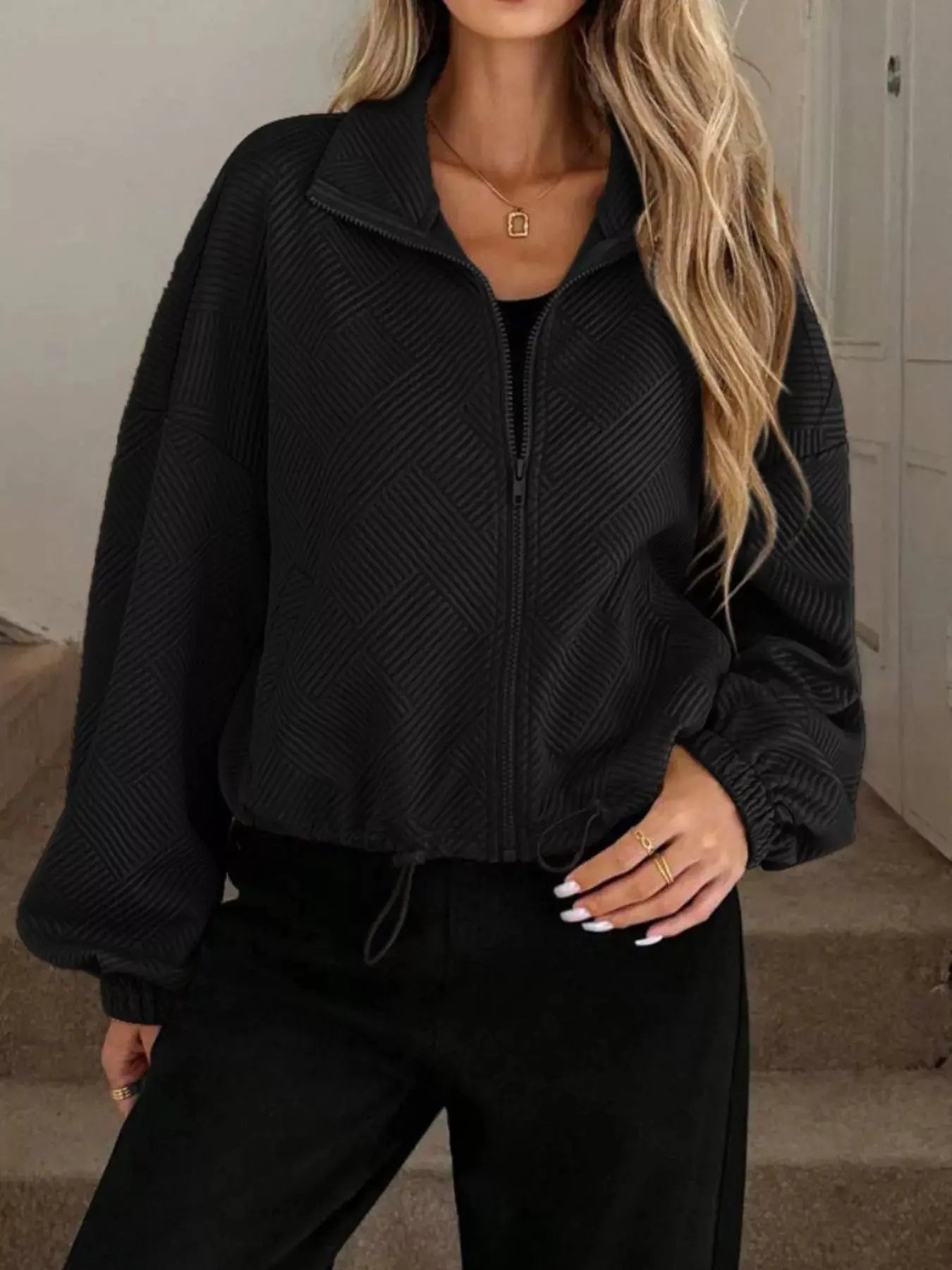 Textured Zip-Up Drawstring Hem Jacket Simply Love
