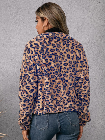 Drawstring Leopard Zip Up Jacket.