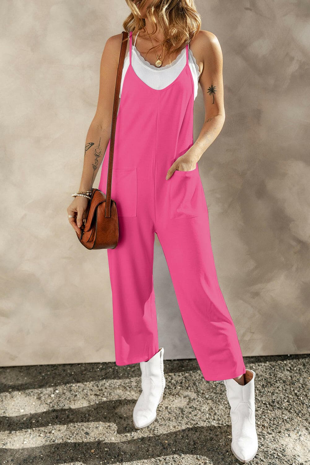 Pocketed Spaghetti Strap Wide Leg Jumpsuit.