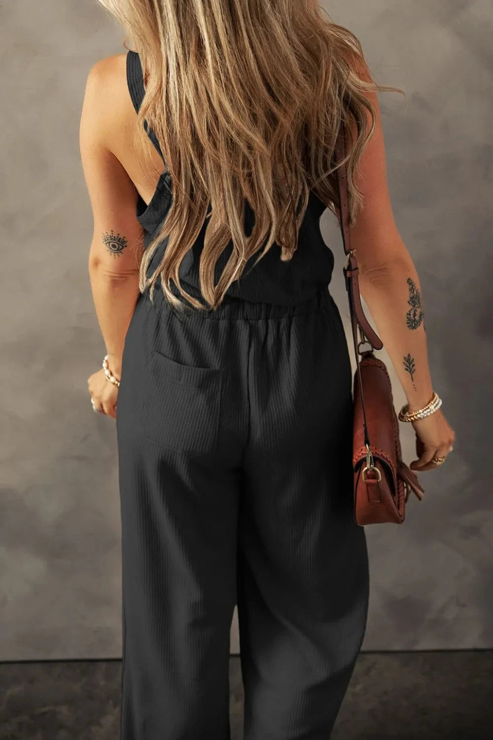 Knotted Straps Button Textured Drawstring Jumpsuit Simply Love