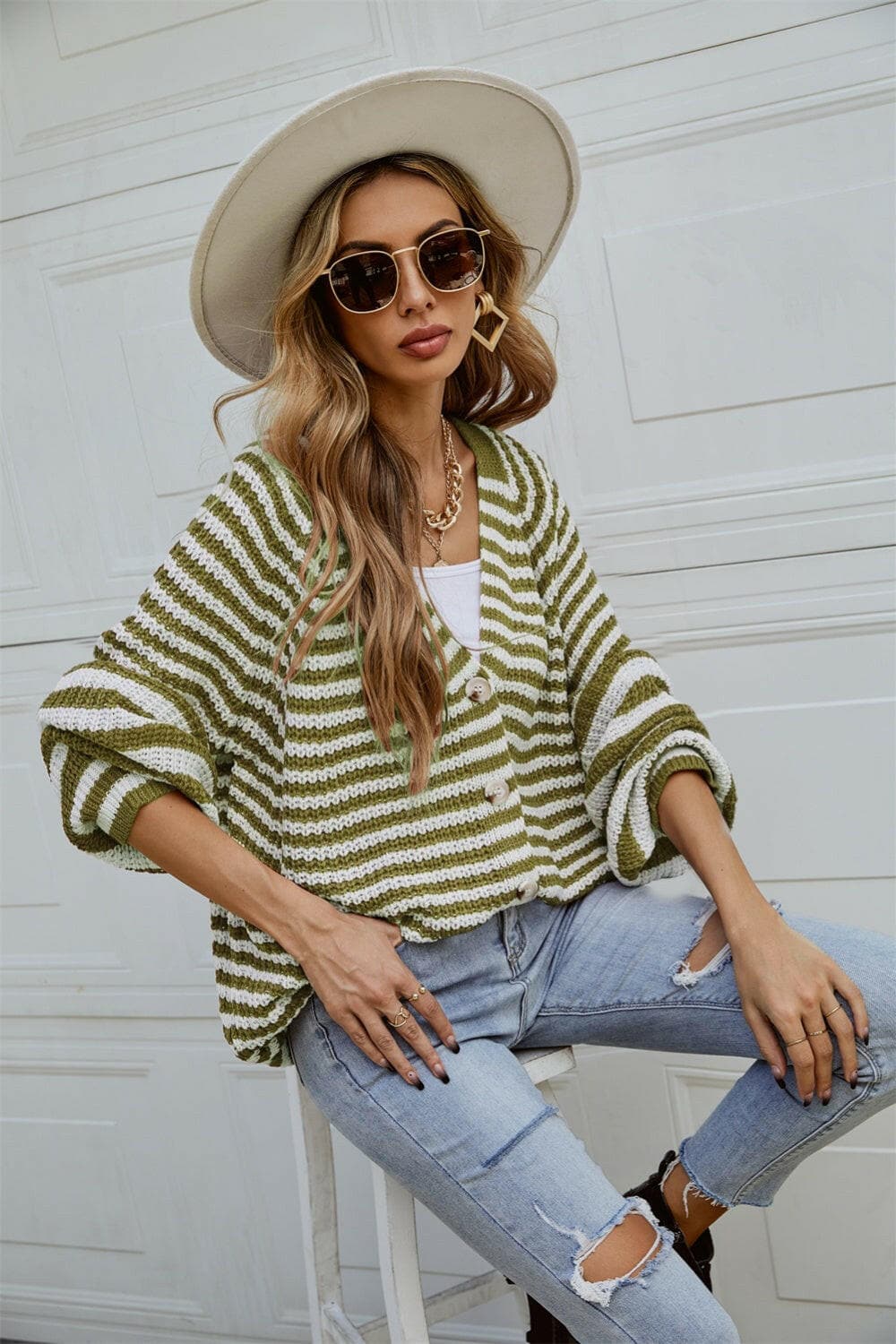 Angel Wings Striped Button Up Long Sleeve Cardigan