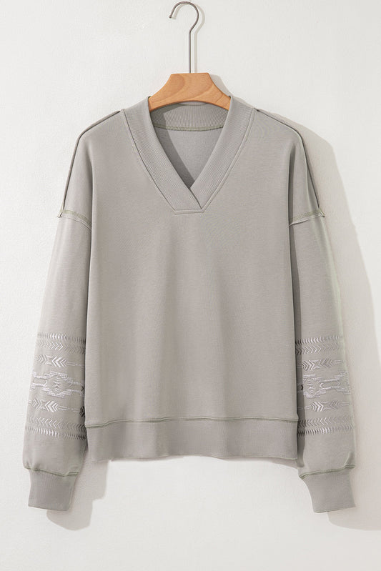 Dear-Lover Aztec Embroidered Khaki Women's V-Neck Sweatshirt Western Style Fall Fashion Dear-Lover Dropshipping