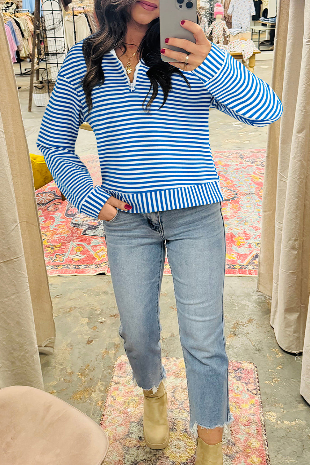 Premium Blue Stripe Quarter Zip Collar Pullover Long Sleeve Top