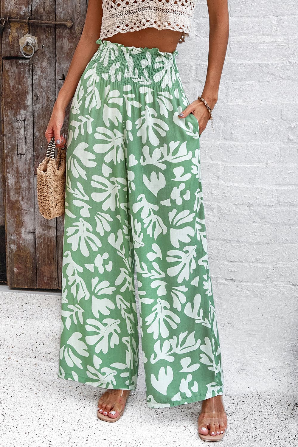 Smocked Printed Wide Leg Pants with Pockets.