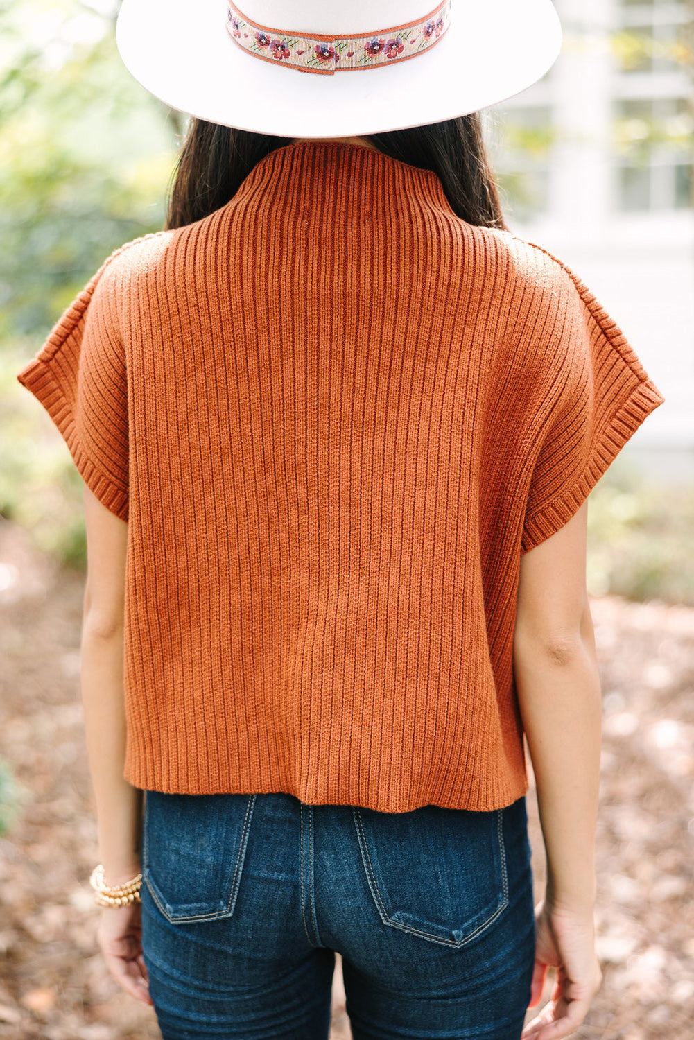 Cozy gold flame ribbed knit short sleeve sweater with patch pocket