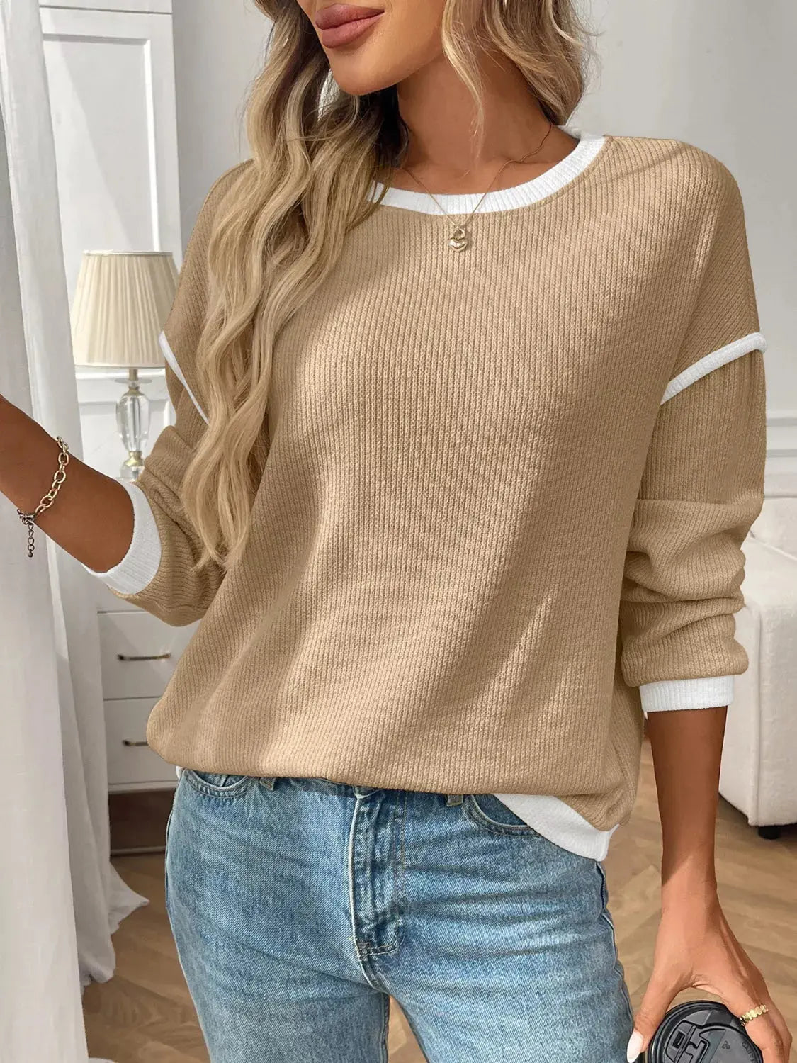 Ribbed Knit Contrast Trim Sweater Simply Love